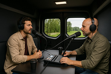 Mobiele podcast studio in België – professionele opname op locatie met multicamera en audio van studiokwaliteit