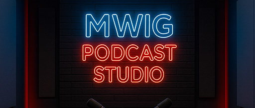 MWIG Podcast Studio België – moderne podcast- en videostudio met neon logo, professionele audio en multicamera setup