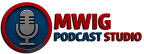 MWIG Podcast Studio logo met rode en grijze cirkel, blauwe achtergrond en microfoonicoon – professionele podcast studio in België.