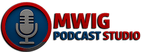 MWIG Podcast Studio logo met rode en grijze cirkel, blauwe achtergrond en microfoonicoon – professionele podcast studio in België.