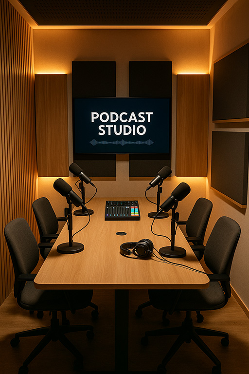 Moderne podcaststudio met professionele microfoons, camera’s en LED-belichting op witte achtergrond – MWIG Podcast Studio België